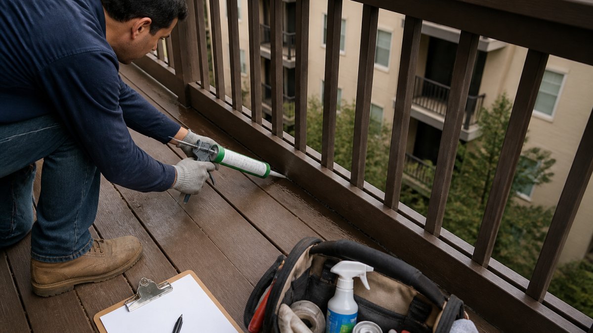 Maintenance worker applying sealant to a railing to prevent balcony wood rot on an apartment building