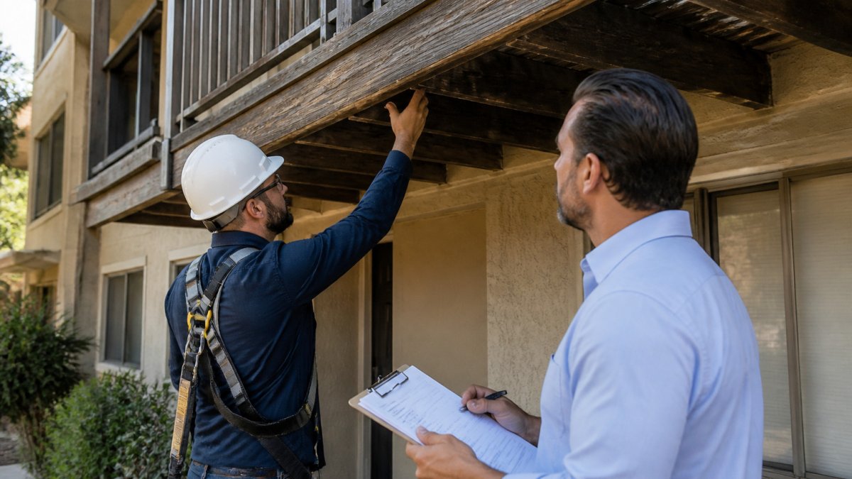 Inspector examining a wood balcony during SB 721 inspections with a property manager nearby